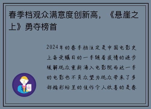 春季档观众满意度创新高，《悬崖之上》勇夺榜首